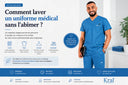 Uniforme médical bleu Kral pour professionnels de santé avec guide d'entretien et conseils de lavage pour préserver le tissu.